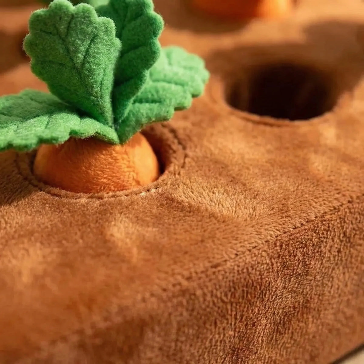 Close-up of a plush carrot in its hole beside an empty hole