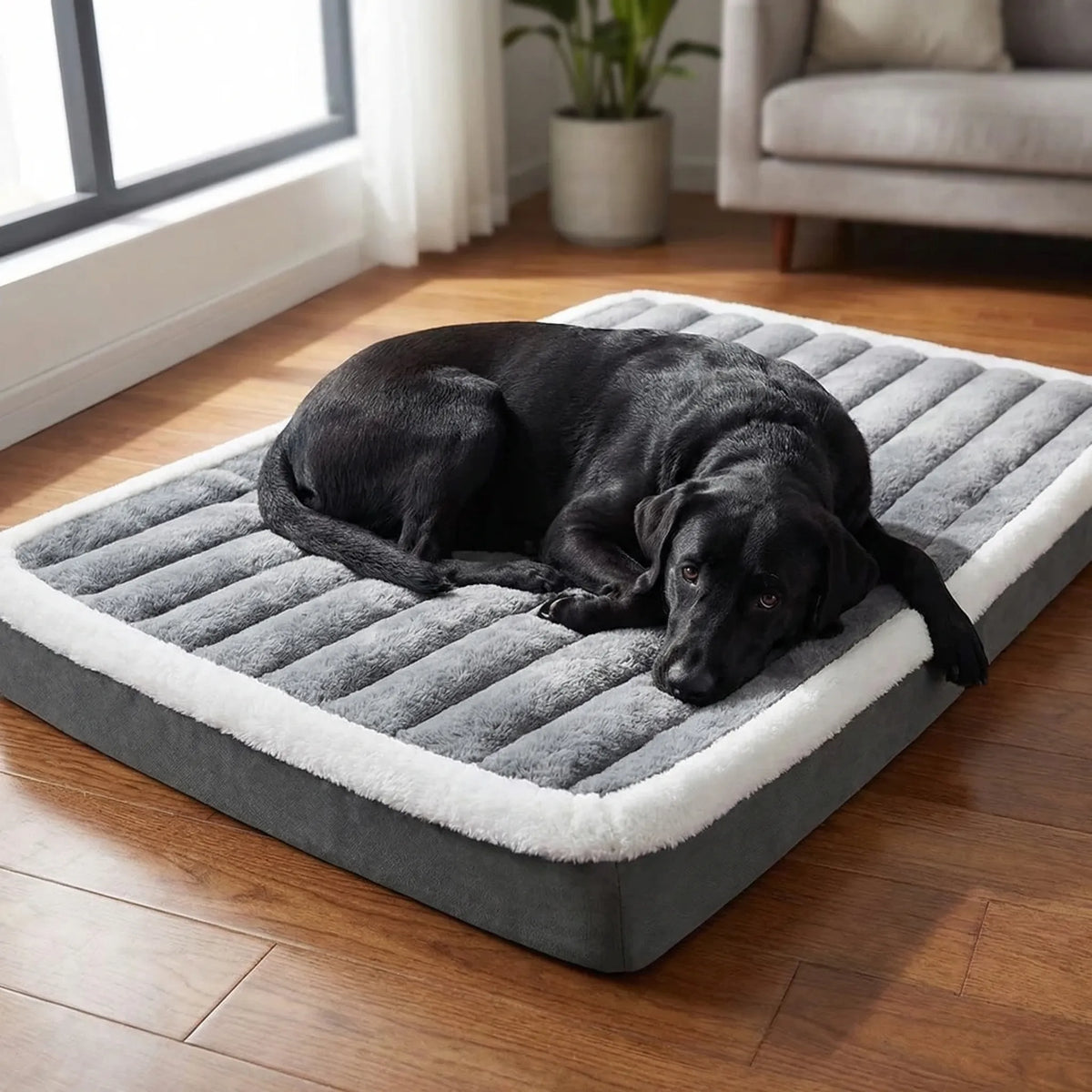 A black Labrador asleep on the grey mattress by a window