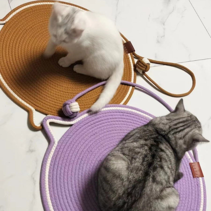 Two cats on a caramel and a purple rope scratching mat