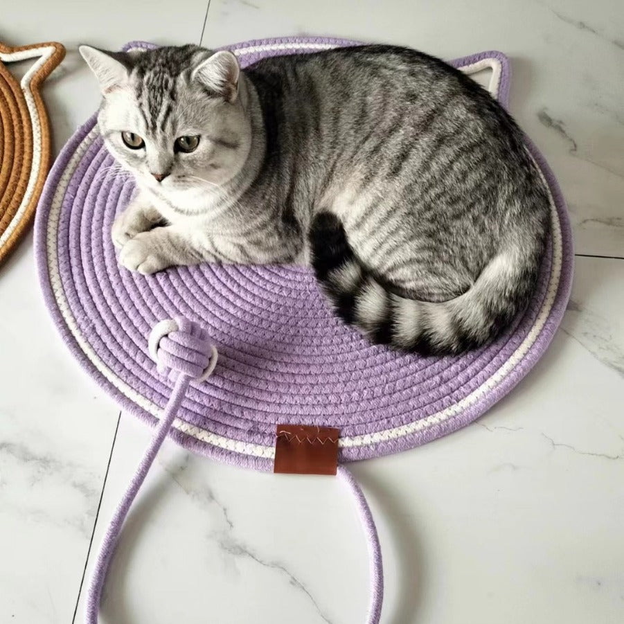 A silver tabby cat lying on the purple coiled rope scratching mat with cat ears