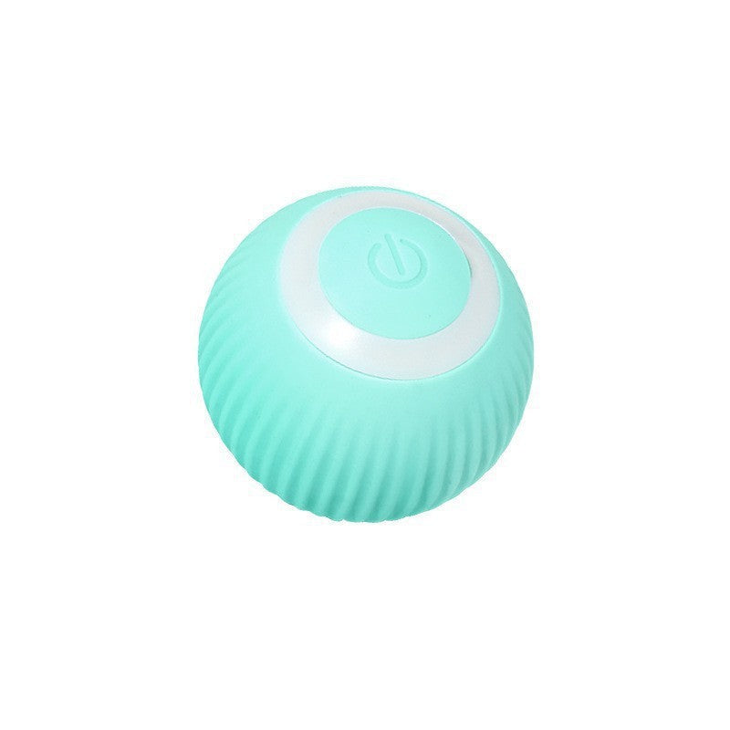 Teal blue self-rolling cat ball with its power button on top