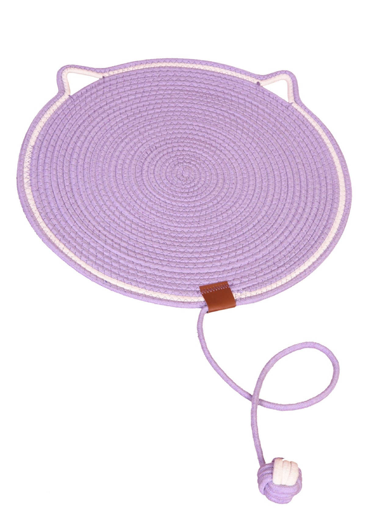 Purple coiled rope scratching mat with a white edge and a rope ball toy