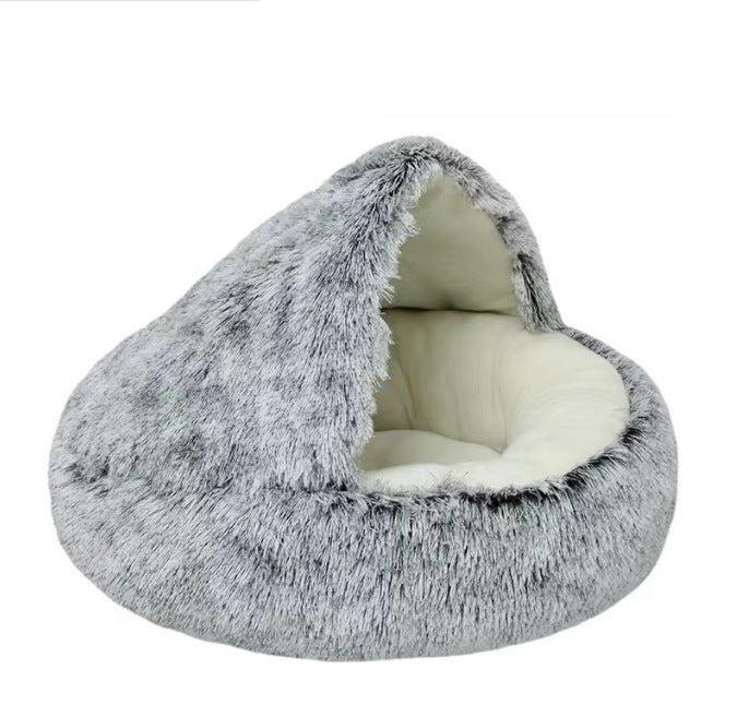 Grey frosted plush hooded cave bed seen from the front, with a cream cushion inside