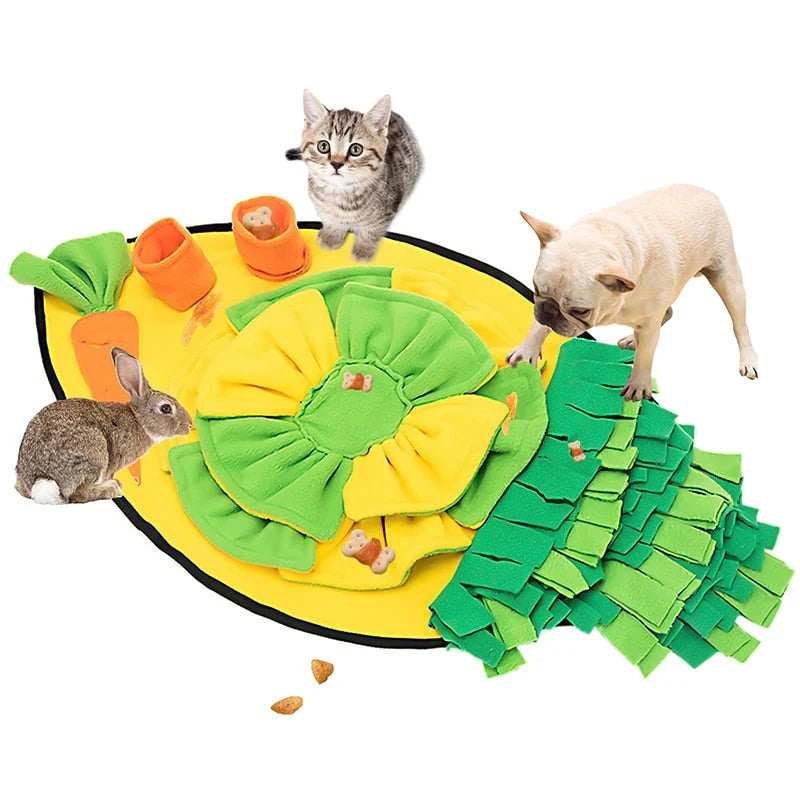 Carrot dog snuffle mat, a yellow oval with a green and yellow fleece flower, a fabric carrot and green strips