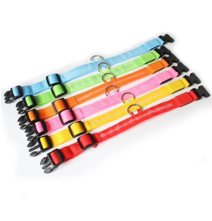 Six LED dog collars laid flat in blue, green, orange, pink, yellow and red