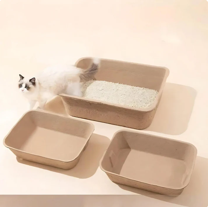 A white cat stepping out of a moulded pulp litter tray filled with litter, two empty trays in front
