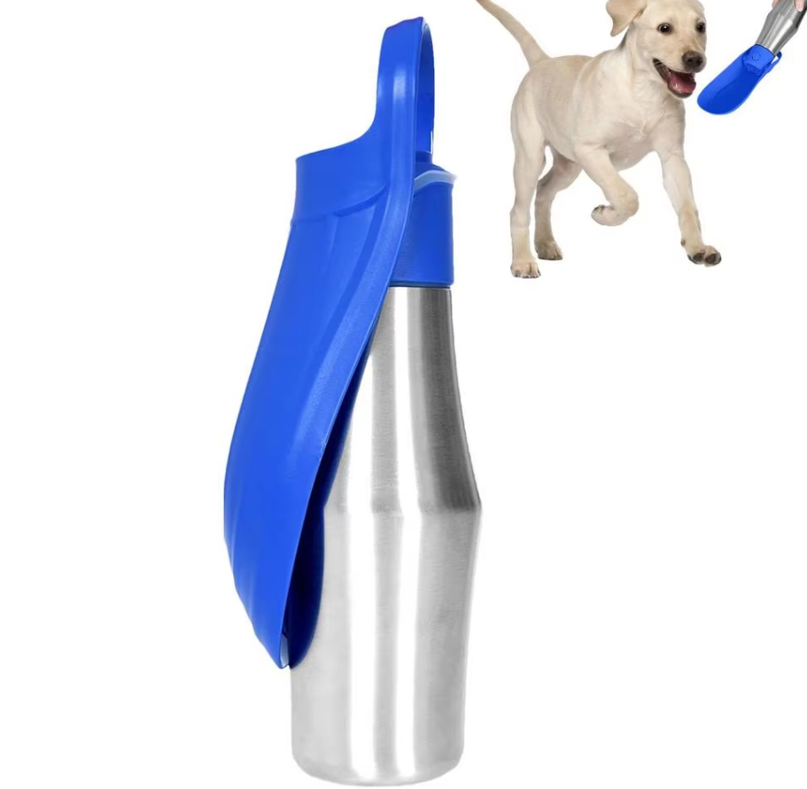 Royal blue and steel dog water bottle with its trough folded, and a puppy drinking from the open trough