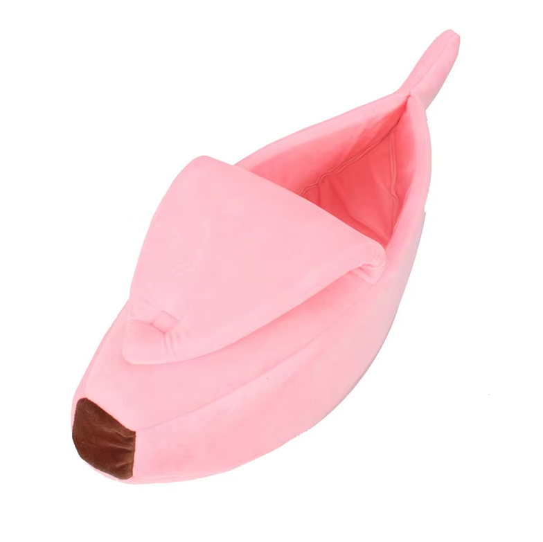 Pink banana cat bed with the peel folded over the front and the stalk raised