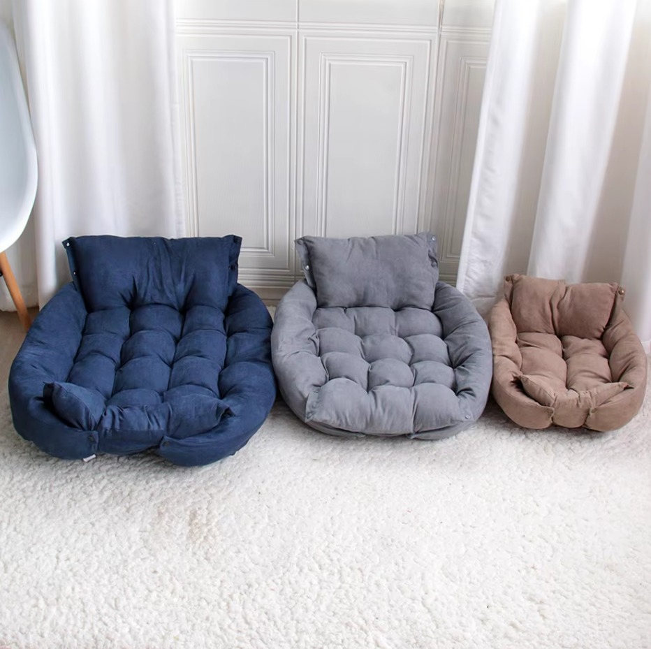 Navy, grey and taupe convertible dog beds side by side in their bed shape