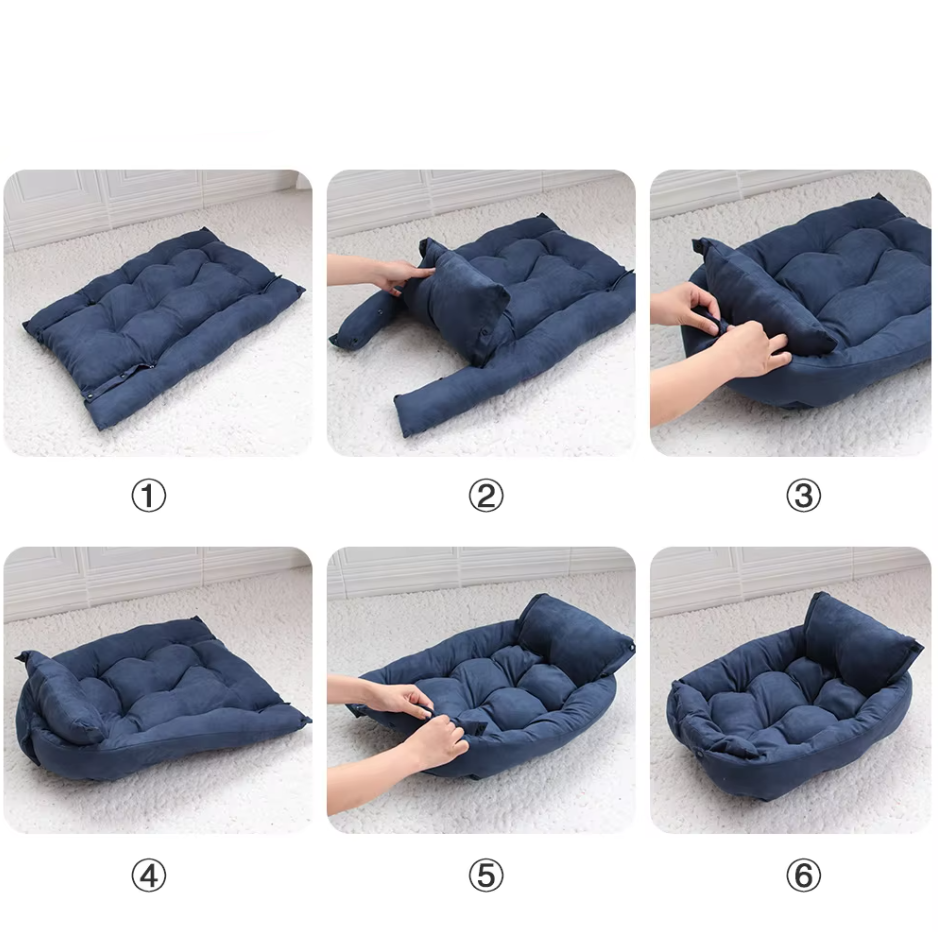 Six steps showing the navy flat mat being snapped together into a bed with its pillow