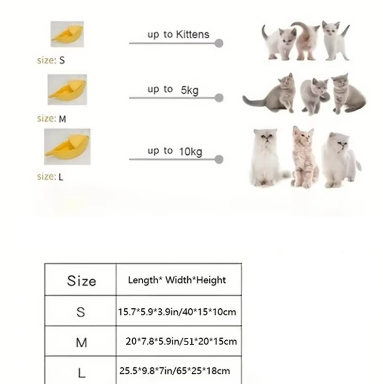 Size card for the banana cat bed: S 40 x 15 x 10 cm for kittens, M 51 x 20 x 15 cm up to 5 kg, L 65 x 25 x 18 cm up to 10 kg