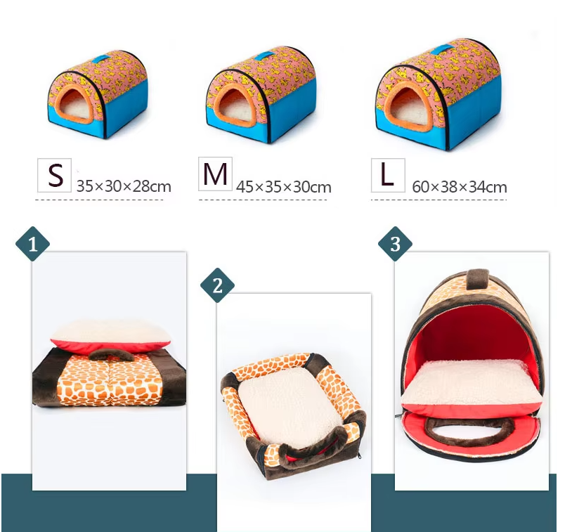Size card for the pet house showing the small size at 35 x 30 x 28 cm, with the house folded flat, opened out as a bed and closed