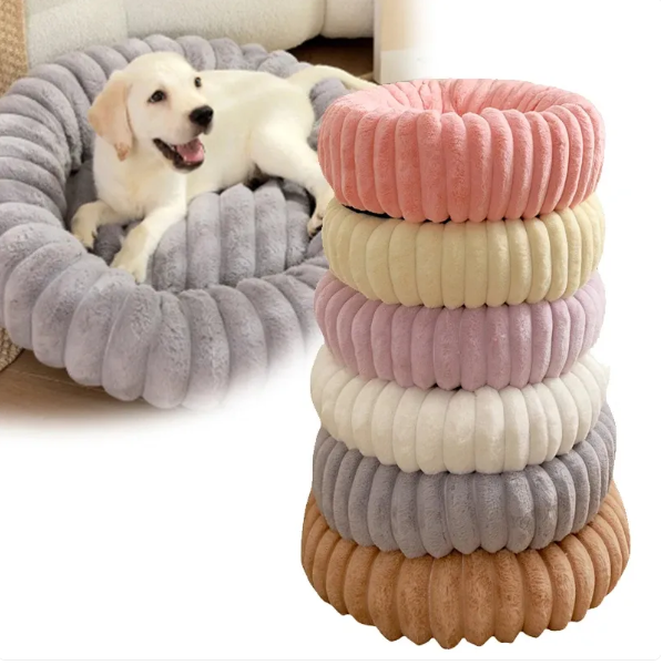 A pale puppy in the grey donut bed beside a stack of the bed in six colours