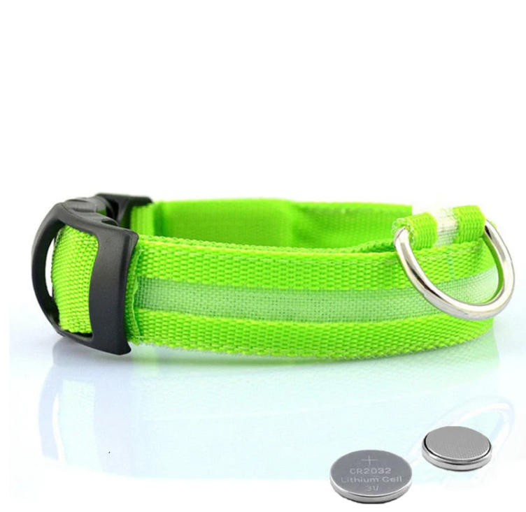 Green LED dog collar with two CR2032 button cells