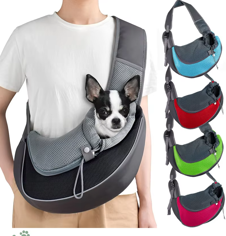 A small black and white dog in the black mesh pet sling, with sky blue, red, green and rose slings beside it