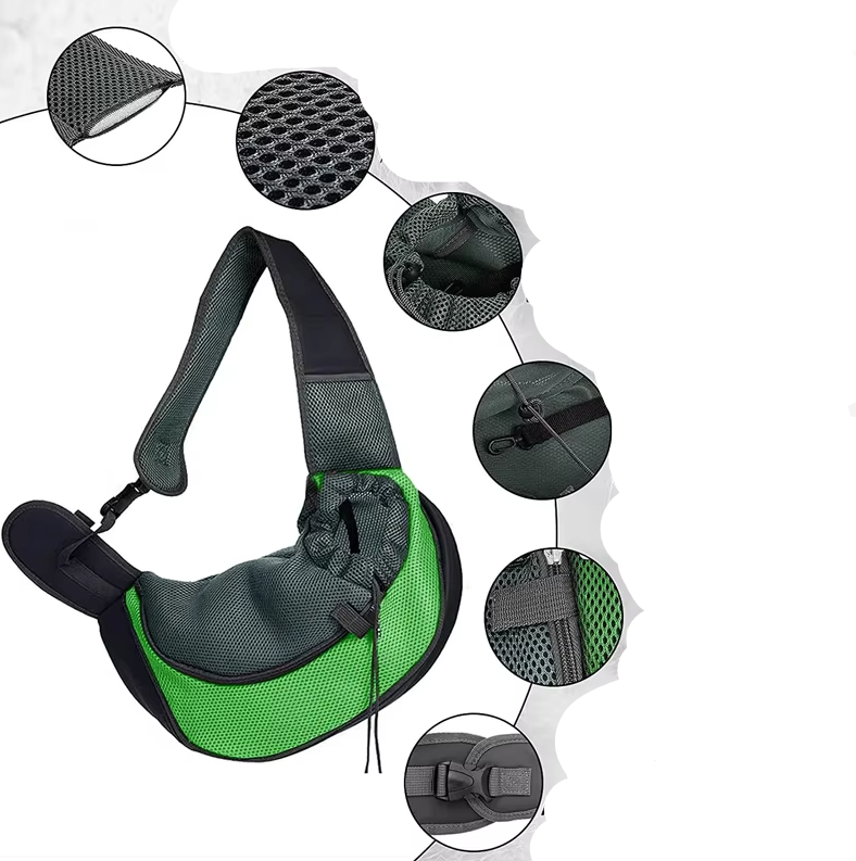 The green mesh pet sling laid out with round close views of its mesh, drawstring, clip and strap buckle