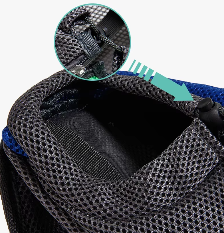 Close view of the drawstring opening of the blue mesh pet sling