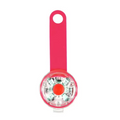 LED collar light with a pink wrap strap and a clear round housing with a red button