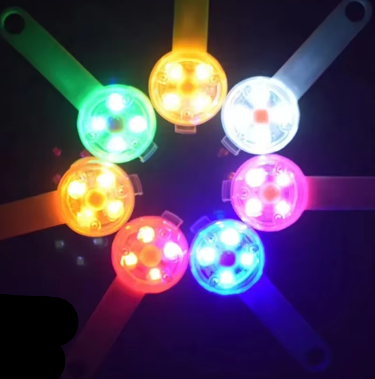 Several LED collar lights glowing green, yellow, white, pink, blue and orange in the dark