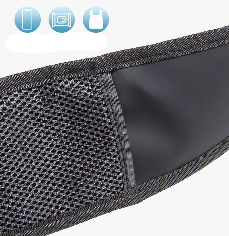 Close view of the wide strap of the pet sling with its mesh and smooth fabric