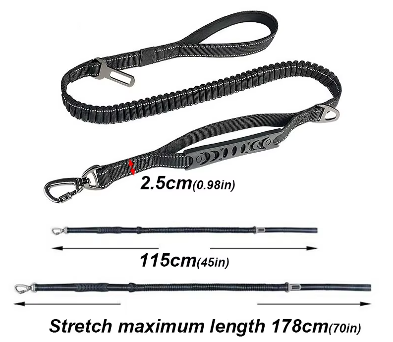 Black bungee dog lead with its measurements: 2.5 cm wide, 115 cm long, stretching to 178 cm