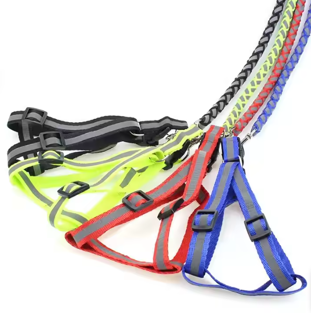 Black, neon green, red and blue reflective dog harnesses with their braided leads