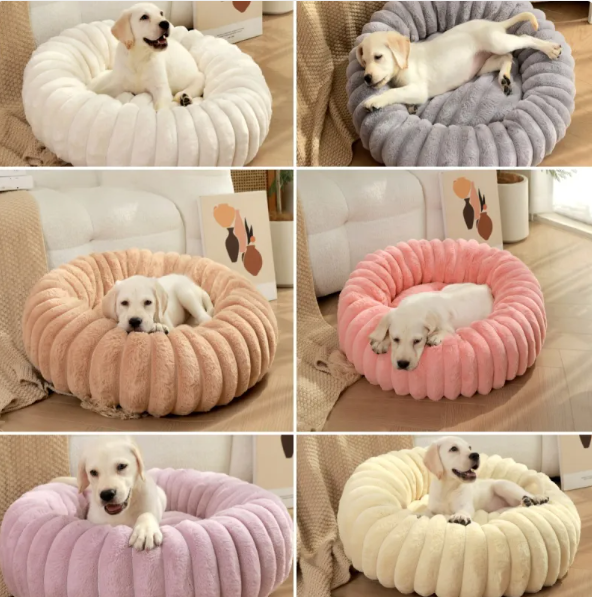 Six views of the ribbed donut bed in different colours, a pale puppy lying in each