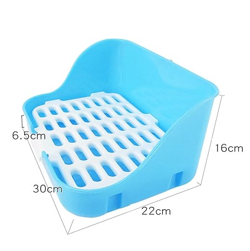 Blue litter tray with its measurements: 30 cm long, 22 cm wide, 16 cm high at the back, 6.5 cm at the front
