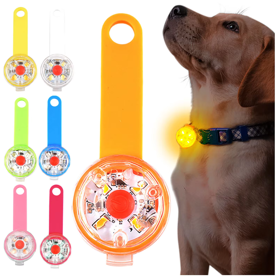 LED collar lights in eight strap colours beside a dog wearing one on its collar