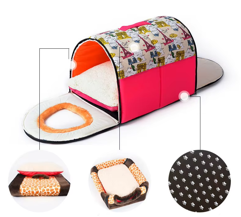 Pet house with its front folded down, with close views of it folded flat as a mat, opened out as a bed and of a paw-print fabric