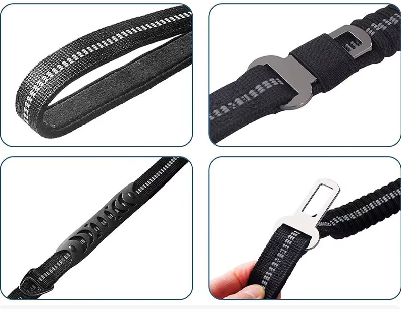Four close-ups of the lead: the padded handle, the seat belt clip, the moulded grip and the clip