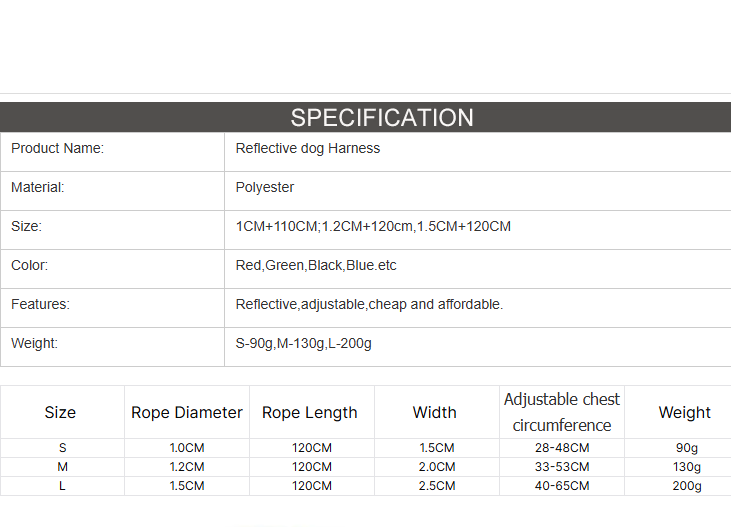 Specification card of the reflective dog harness and lead set with sizes S, M and L