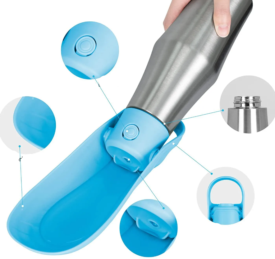 Detail views of the light blue drinking trough, the cap button, the steel thread and the carry loop