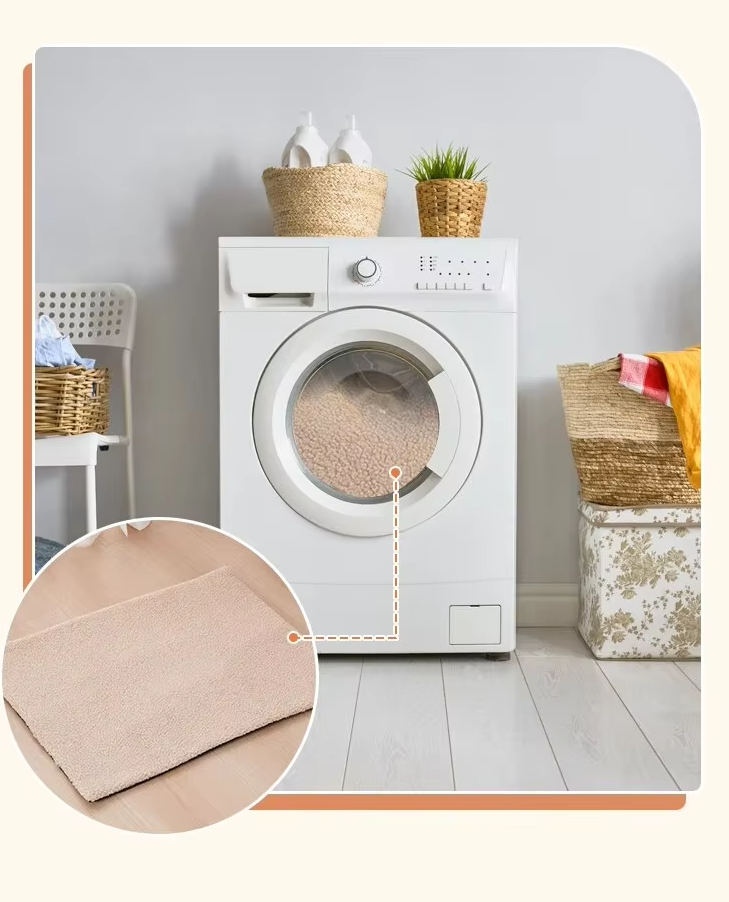 Beige self-warming pet mat shown beside a washing machine, as it is machine washable