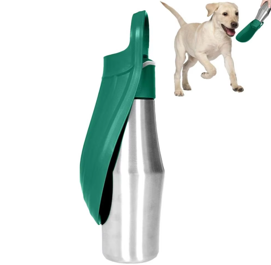 Dark green and steel dog water bottle with its trough folded, and a puppy drinking from the open trough