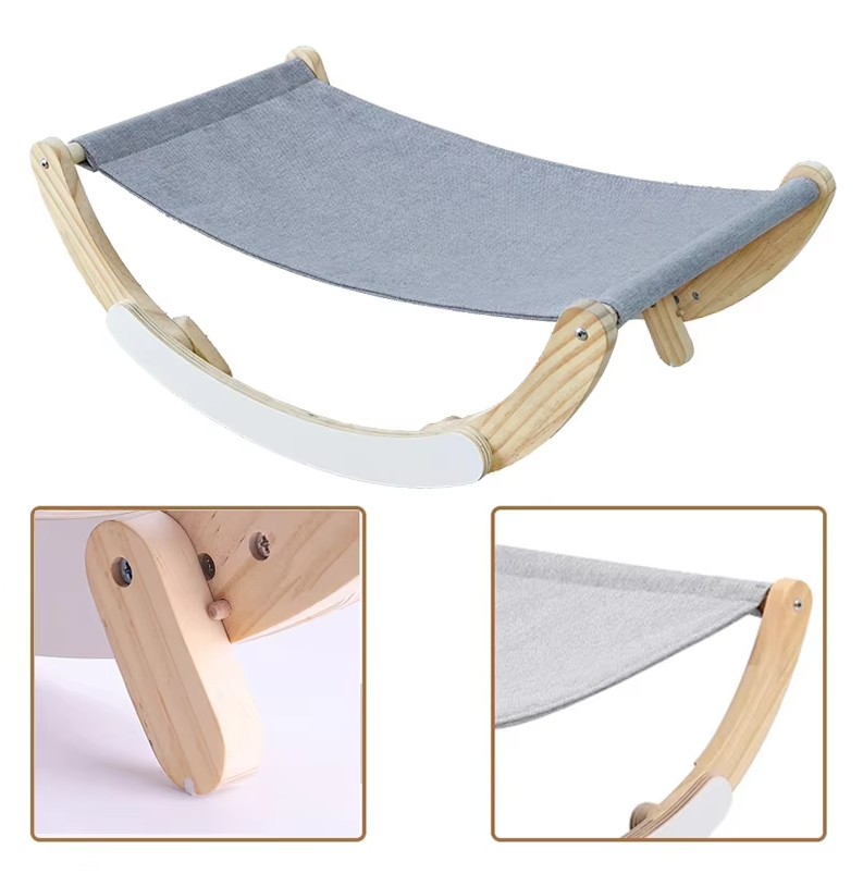 Grey cat hammock on its wooden rocking frame, with close views of the frame joint and the sling's end