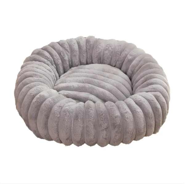 Light grey ribbed plush donut bed with a raised rim and a padded centre
