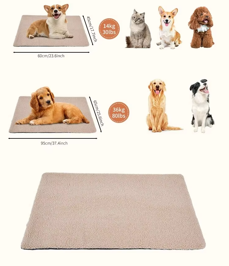 Size card for the beige self-warming pet mat: 60 x 45 cm for pets up to 14 kg, and a larger 95 x 65 cm size
