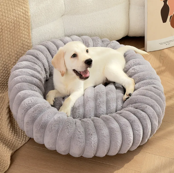 A pale puppy lying in the grey ribbed plush donut bed