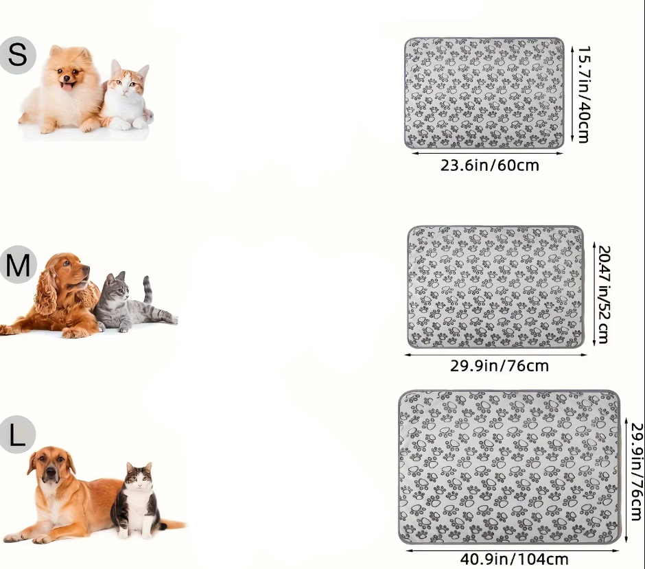 Size card of the paw print pet blanket: 40 x 60 cm, 52 x 76 cm and 76 x 104 cm, each shown with a dog and a cat