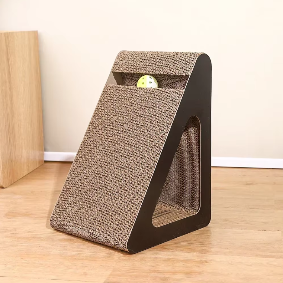Large triangular cardboard cat scratcher with a slot across the top and a side opening