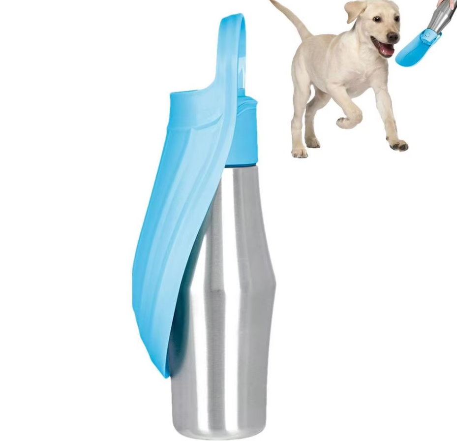 Light blue and steel dog water bottle with its trough folded, and a puppy drinking from the open trough