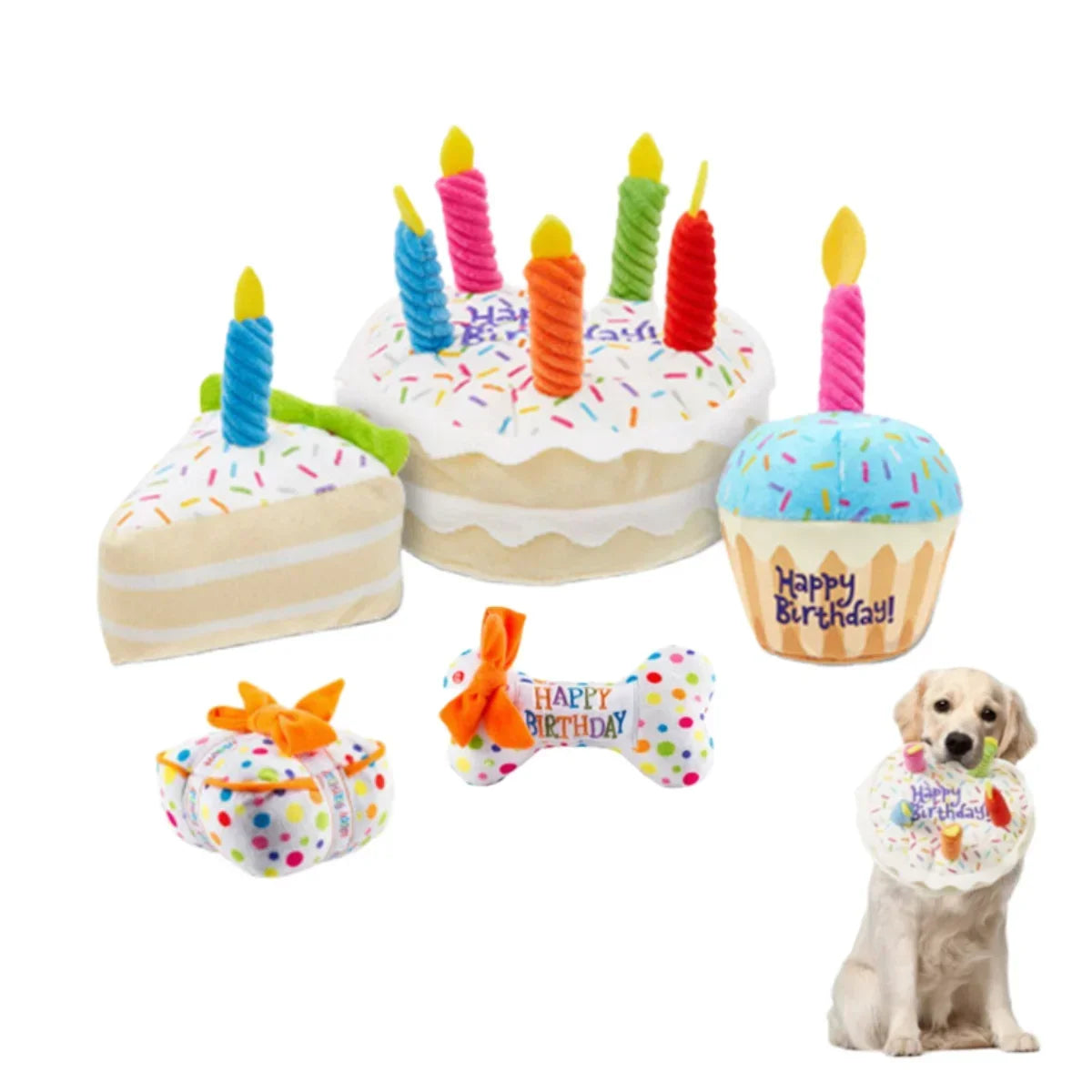 Plush birthday dog toys together with a puppy holding the cake toy