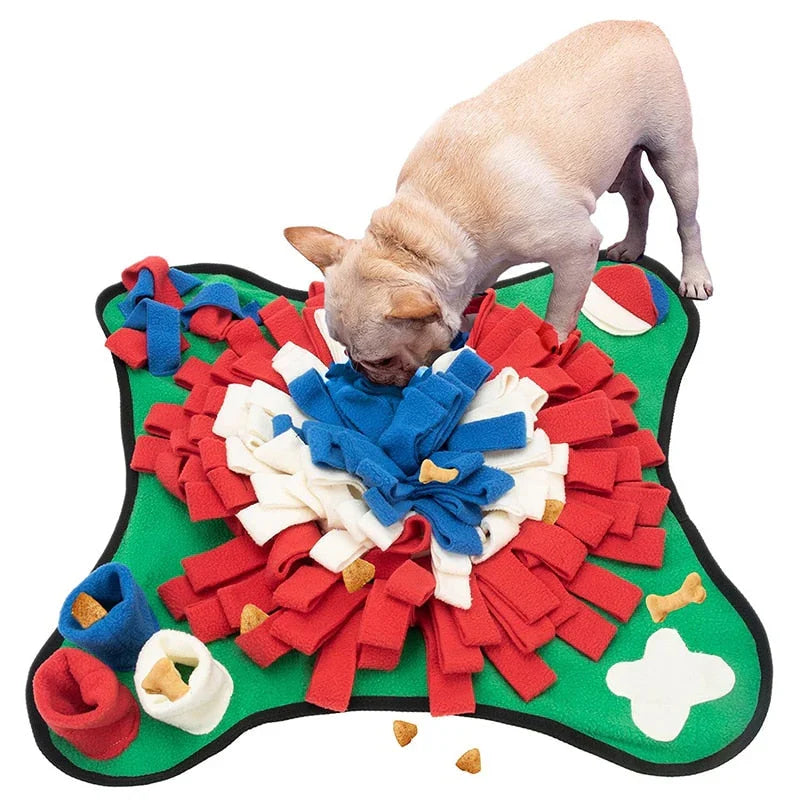 Red and Blue Flower dog snuffle mat on a green base, a small fawn dog searching it