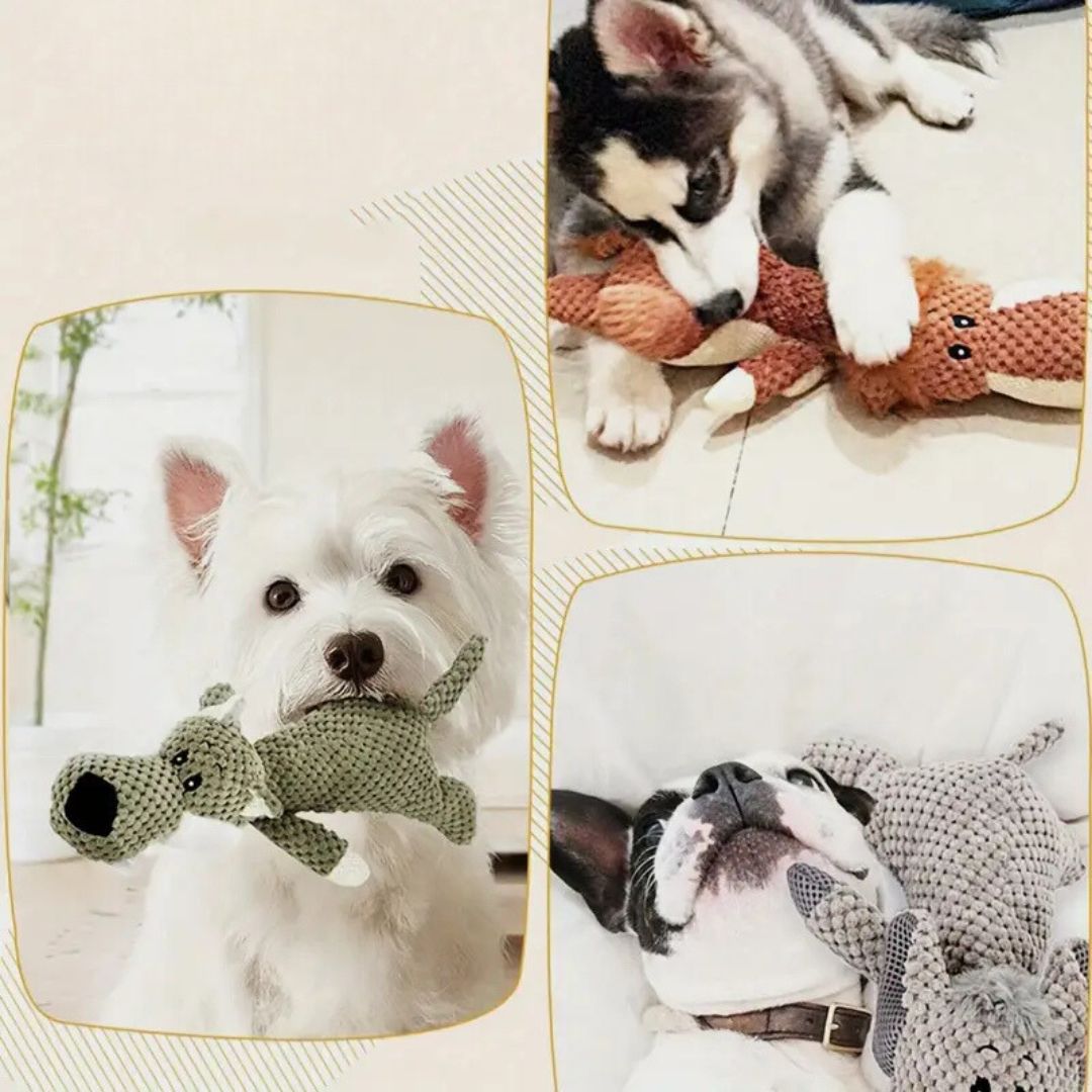 Collage of dogs playing with the plush wolf, elephant and lion toys