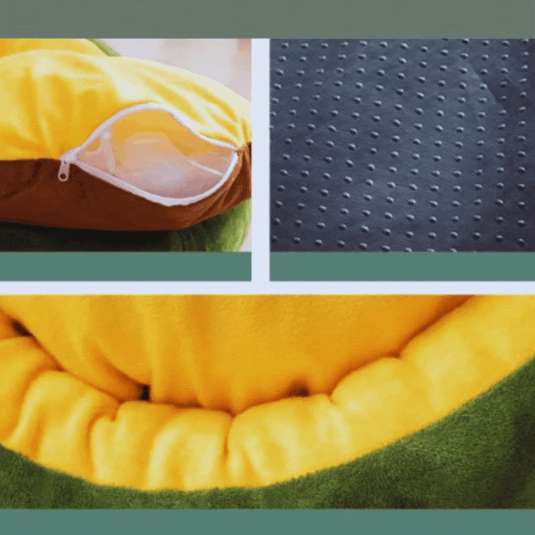 Close views of the zipped cushion, the dotted non-slip base and the yellow plush lining
