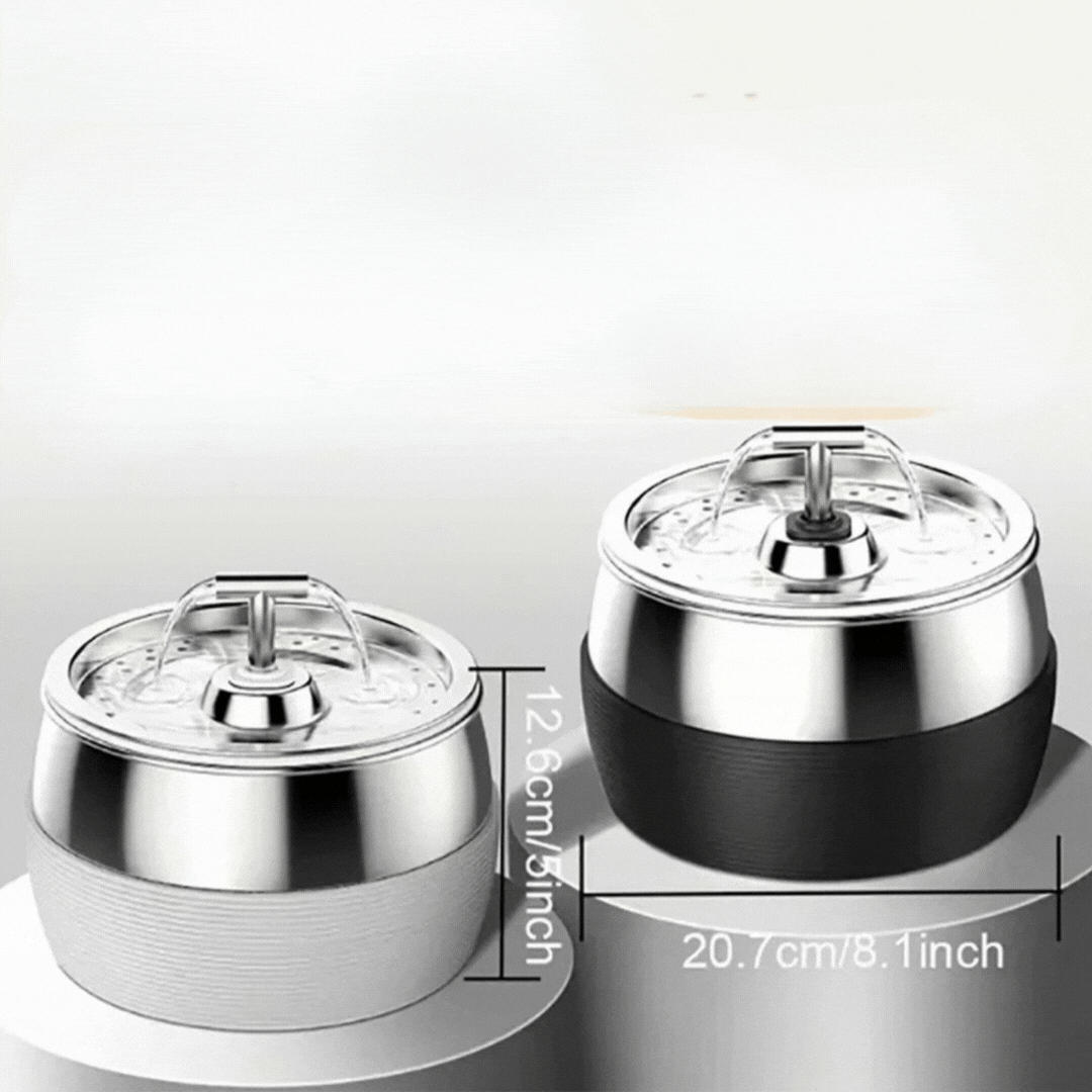 Stainless steel water fountain with its measurements: 20.7 cm wide and 12.6 cm high, shown with a white base and a black base