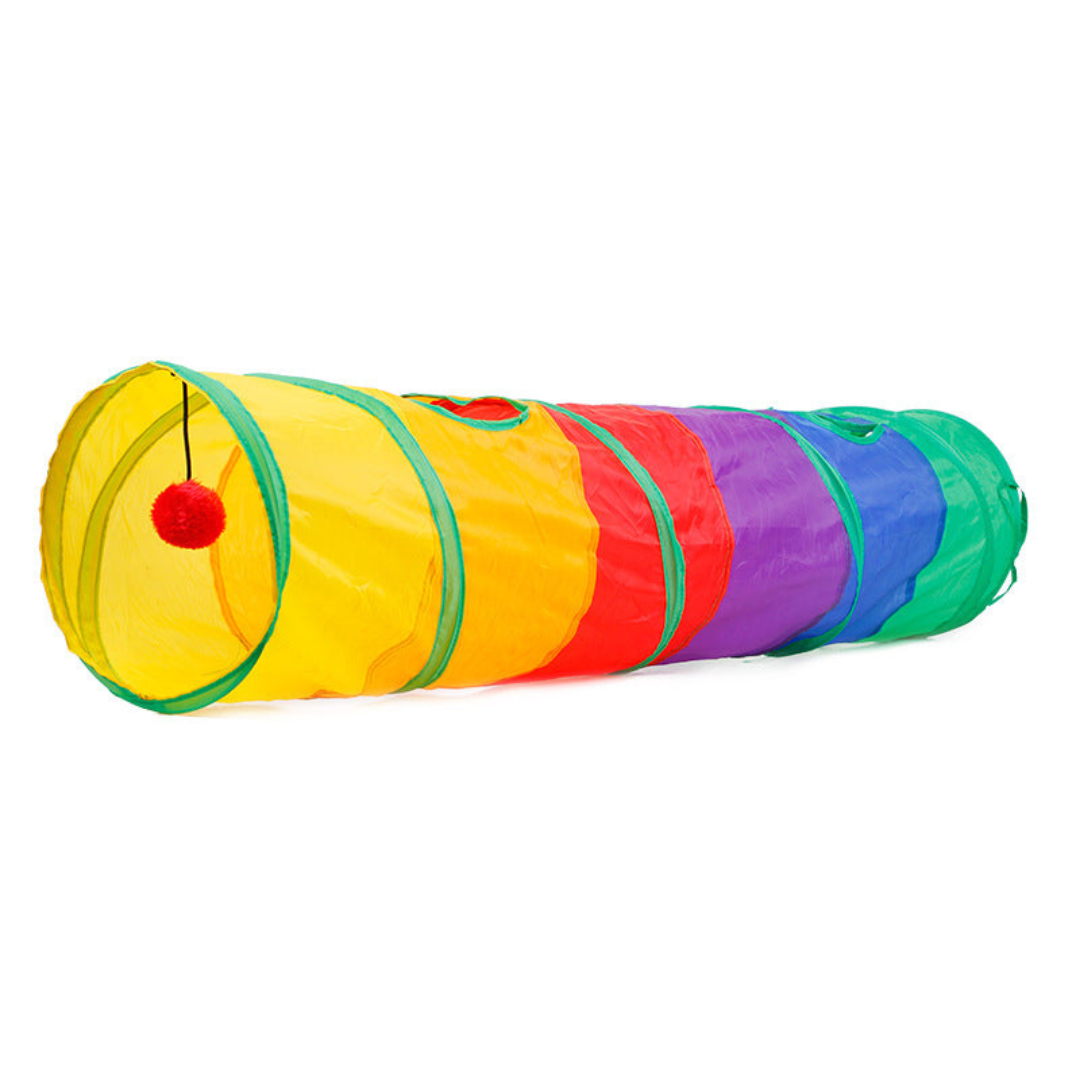 Rainbow cat tunnel stretched out straight with a red pom-pom inside the yellow entrance