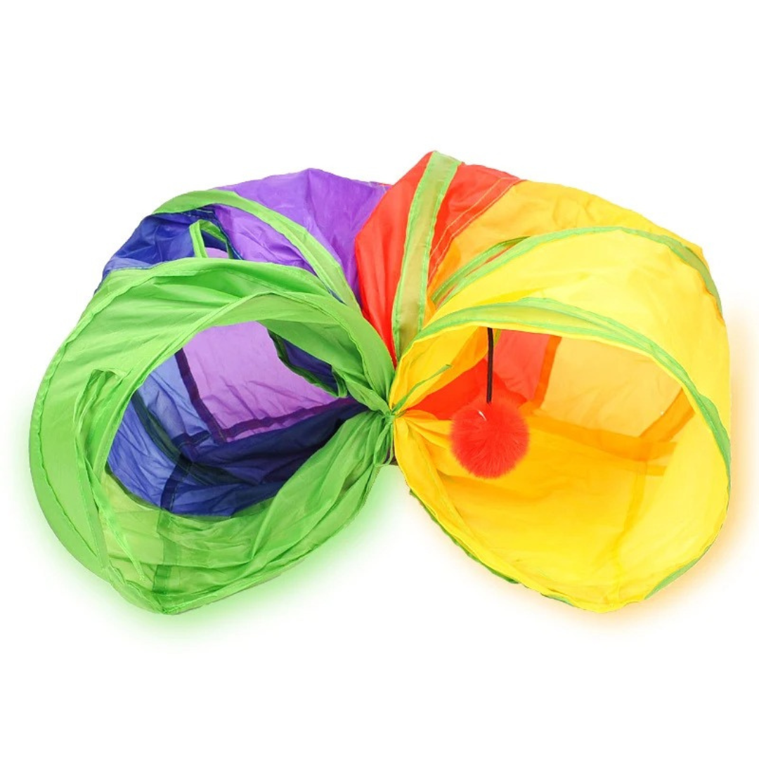 Rainbow cat tunnel bent into a curve, the pom-pom at the yellow entrance
