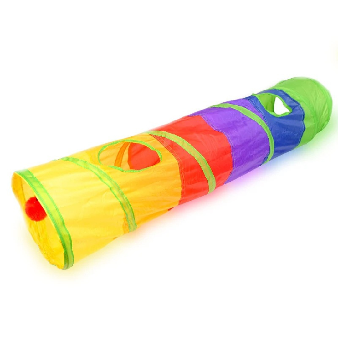 Rainbow cat tunnel at an angle, showing a peephole in the red panel and one near the green end